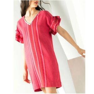 THML Striped Cotton Ruffle Sleeve Shift Dress Coral Pink Silver Medium